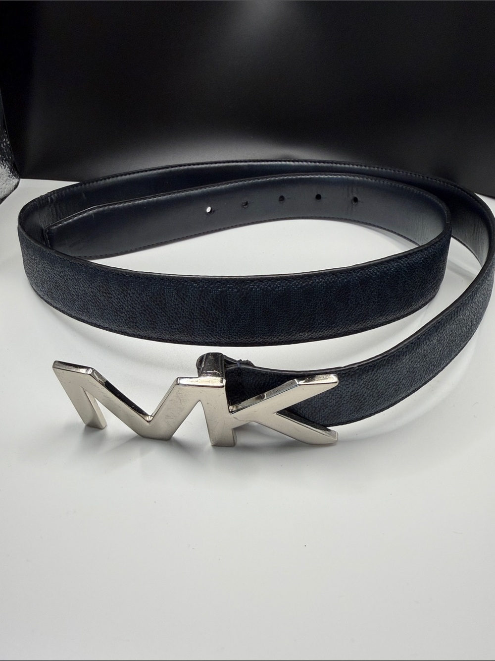 Michael Kors Black Leather Belt with Silver MK Logo Buckle